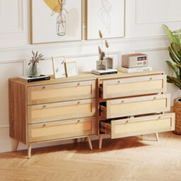 Costway 3-Drawer Rattan Dresser Wooden Bedside Storage End Table W/ Pine Wood Legs - thumbnail 4