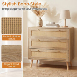 Costway 3-Drawer Rattan Dresser Wooden Bedside Storage End Table W/ Pine Wood Legs - thumbnail 6