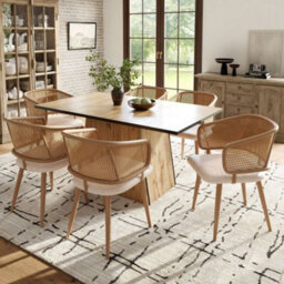 Btm Set Of 6 Beige Dining Chairs With Rattan Back And Pu Leather Seat Modern Comfortable Kitchen Seating