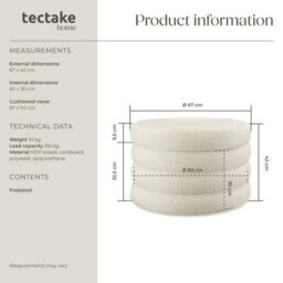 Tectake Footstool Altu Xl - With Storage, Cylinder Shape, Plush Upholstery, 67 X 42 Cm - Bouclé Cream-White, 1 - thumbnail 6