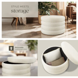 Tectake Footstool Altu Xl - With Storage, Cylinder Shape, Plush Upholstery, 67 X 42 Cm - Bouclé Cream-White, 1 - thumbnail 5