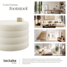 Tectake Footstool Altu Xl - With Storage, Cylinder Shape, Plush Upholstery, 67 X 42 Cm - Bouclé Cream-White, 1 - thumbnail 7