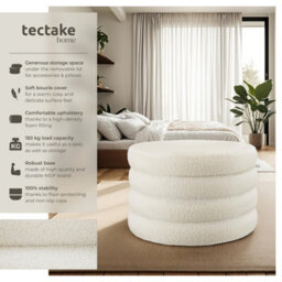 Tectake Footstool Altu Xl - With Storage, Cylinder Shape, Plush Upholstery, 67 X 42 Cm - Bouclé Cream-White, 1 - thumbnail 2
