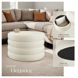 Tectake Footstool Altu Xl - With Storage, Cylinder Shape, Plush Upholstery, 67 X 42 Cm - Bouclé Cream-White, 1 - thumbnail 4
