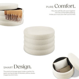 Tectake Footstool Altu Xl - With Storage, Cylinder Shape, Plush Upholstery, 67 X 42 Cm - Bouclé Cream-White, 1 - thumbnail 3