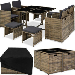 Tectake Garden Table And Chairs Bilbao - 8 Seats, Weather & Uv-Resistant, Rain Cover - Nature - thumbnail 1