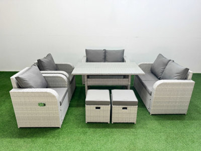 Fimous 8 Seater Outdoor Reclining Chair Love Sofa Set Rattan Garden Furniture Set Rectangular Dining Table 2 Stools Light Grey - image 1