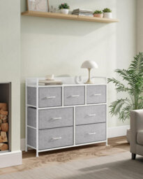 Fabric Drawer Chest, Bedroom Storage Cabinet, 7 Drawers With Handles, Metal Frame, Dove Grey And Cloud White