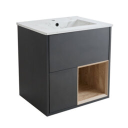 Homestylestore 612mm Black Grey Wall Hung Bathroom Vanity Unit Open Shelf Marble Effect Basin