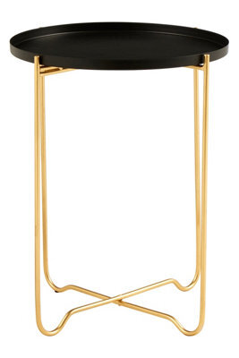 Orsina Round Black Metal Side Table, Sleek Raised Rim Top With Gold Frame, Contemporary Intersecting Base Table - image 1