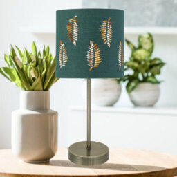 First Choice Lighting Antique Brass Stick Table Lamp With Dark Green Fern Cut Out Shade - thumbnail 4