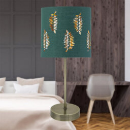 First Choice Lighting Antique Brass Stick Table Lamp With Dark Green Fern Cut Out Shade - thumbnail 5
