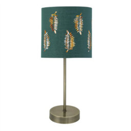 First Choice Lighting Antique Brass Stick Table Lamp With Dark Green Fern Cut Out Shade
