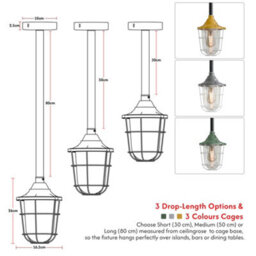 Ledsone Conduit Pendant Light Kit Industrial Farmhouse Black Steel E27 Cage Fitting Ceiling Fixture 80Cm - thumbnail 3