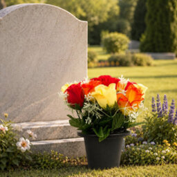 Urbn-Living Red, Orange & Yellow Rosebud Set Of 1 Artificial Silk Flower Grave Pot Memorial Arrangement Graveside Cemetery - thumbnail 2