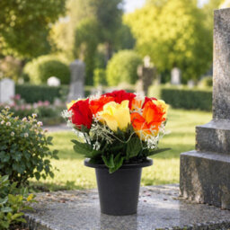 Urbn-Living Red, Orange & Yellow Rosebud Set Of 1 Artificial Silk Flower Grave Pot Memorial Arrangement Graveside Cemetery - thumbnail 4