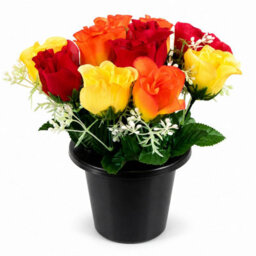 Urbn-Living Red, Orange & Yellow Rosebud Set Of 1 Artificial Silk Flower Grave Pot Memorial Arrangement Graveside Cemetery - thumbnail 1