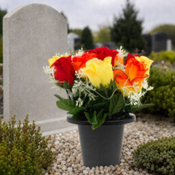 Urbn-Living Red, Orange & Yellow Rosebud Set Of 1 Artificial Silk Flower Grave Pot Memorial Arrangement Graveside Cemetery - thumbnail 5