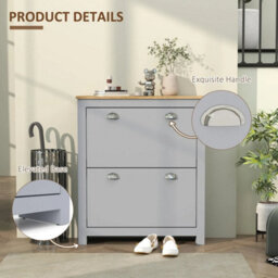 2 Drawer Shoe Cabinet Narrow Shoe Cupboard With Flip Doors, Grey - thumbnail 3