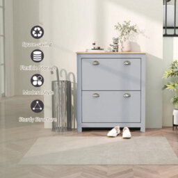 2 Drawer Shoe Cabinet Narrow Shoe Cupboard With Flip Doors, Grey - thumbnail 4