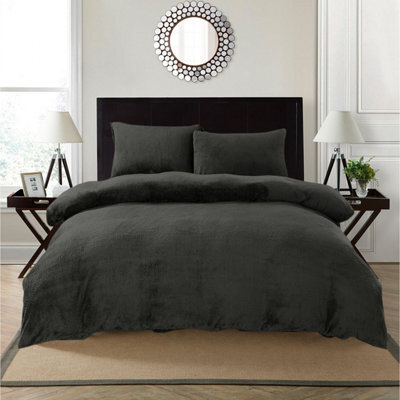 Teddy Bear Fleece Soft Cosy Duvet Cover + Pillow Case Set Charcoal