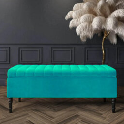 90Cm Paris Striped Ottoman Storage Bench- Plush Velvet Shoe Bench - Teal Upholstery Footstool With Storage