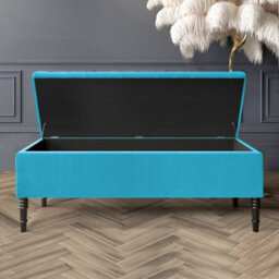 90Cm Paris Striped Ottoman Storage Bench- Plush Velvet Shoe Bench - Teal Upholstery Footstool With Storage - thumbnail 2