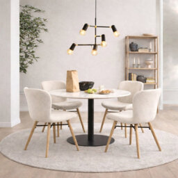 Furniture To Go Corby Round Dining Table With White Polished Marble Top & Black Base Includes 4 Batilda Dining Chairs In Cream/oak