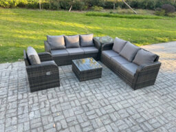 Fimous Outdoor Rattan Garden Furniture Set Conservatory Patio Sofa Coffee Table With Reclining Chair Side Table Dark Grey Mixed - thumbnail 2