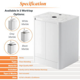 Plum&clay Mayfair Gloss White Freestanding Bathroom Vanity Unit With White Marble Countertop (W)650mm (H)745mm - thumbnail 5
