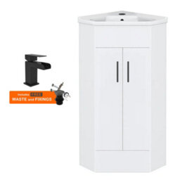 FNX Bathrooms Bubly Bathrooms™ Two Door Corner Vanity Unit & Basin Sink - 555mm - Gloss White With Black Tap - thumbnail 1