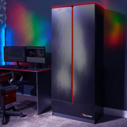 X Rocker Carbon-Tek Led 2-Door Wardrobe With Drawer - Grey / Red Rgb - thumbnail 1