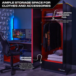 X Rocker Carbon-Tek Led 2-Door Wardrobe With Drawer - Grey / Red Rgb - thumbnail 4