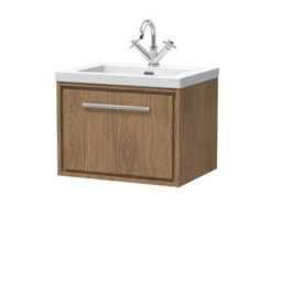 Hudson Reed Lille Wall Hung 1 Drawer Vanity Unit With 1 Tap Hole Basin, Antique Oak Woodgrain, 476 X 613 mm - thumbnail 1