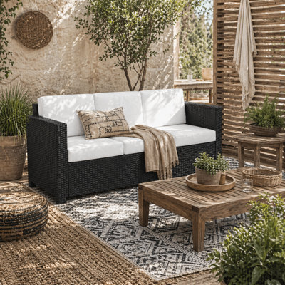 Wyld Haus Sudori Black 3-Seater Rattan Outdoor Sofa With Cream Cushions, L185 X D70 X H80Cm - image 1