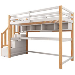 Btm Wood House Bunk Bed 90X190Cm, Pine Loft Bed With Storage Stairs, Desk And Shelves, Slatted Frame, White+Natural - thumbnail 7