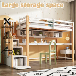 Btm Wood House Bunk Bed 90X190Cm, Pine Loft Bed With Storage Stairs, Desk And Shelves, Slatted Frame, White+Natural - thumbnail 4