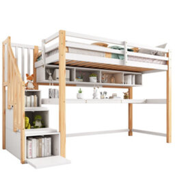 Btm Wood House Bunk Bed 90X190Cm, Pine Loft Bed With Storage Stairs, Desk And Shelves, Slatted Frame, White+Natural - thumbnail 6