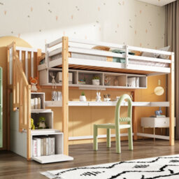 Btm Wood House Bunk Bed 90X190Cm, Pine Loft Bed With Storage Stairs, Desk And Shelves, Slatted Frame, White+Natural