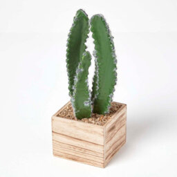 Homescapes Artificial Green Handcrafted Cactus Plant In Wooden Pot, 33 Cm