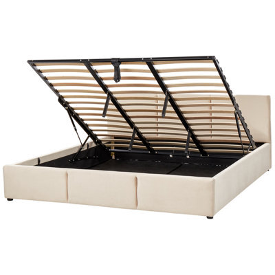 Beliani Ottoman Bed Velvet Bousse 180 X 200 Cm (Eu Super King) Light Beige - image 1