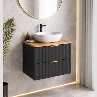 Impact Furniture Vanity Unit With Basin 600mm Oak Countertop Wall Hung Black Bathroom Cabinet Ribbed Fluted Drawers Adel - image 1