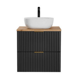 Impact Furniture Vanity Unit With Basin 600mm Oak Countertop Wall Hung Black Bathroom Cabinet Ribbed Fluted Drawers Adel - thumbnail 2