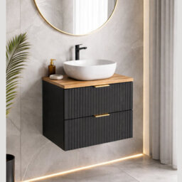 Impact Furniture Vanity Unit With Basin 600mm Oak Countertop Wall Hung Black Bathroom Cabinet Ribbed Fluted Drawers Adel