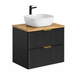 Impact Furniture Vanity Unit With Basin 600mm Oak Countertop Wall Hung Black Bathroom Cabinet Ribbed Fluted Drawers Adel - thumbnail 3