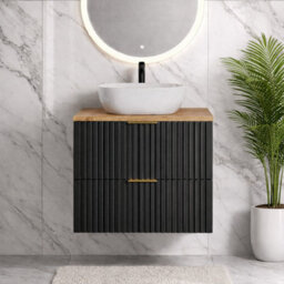 Impact Furniture Vanity Unit With Basin 600mm Oak Countertop Wall Hung Black Bathroom Cabinet Ribbed Fluted Drawers Adel - thumbnail 9