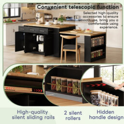 Matteo Kitchen Island With Hidden Extendable Dining Table & Large Storage Cabinets - Black/natural - thumbnail 8