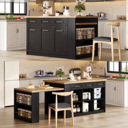 Matteo Kitchen Island With Hidden Extendable Dining Table & Large Storage Cabinets - Black/natural - thumbnail 1