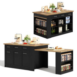 Matteo Kitchen Island With Hidden Extendable Dining Table & Large Storage Cabinets - Black/natural - thumbnail 3