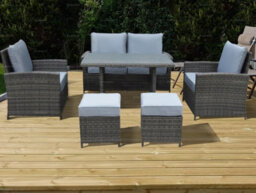 6 Seat Outdoor Rattan Set With Sofa, Armchairs, Ottomans And Dining Table - Aluminium Frame, 100mm Thick Cushions Included - thumbnail 1